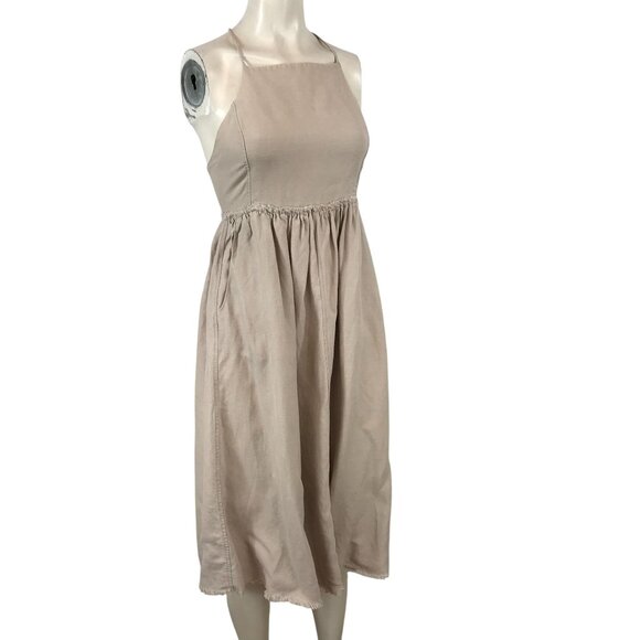 WILFRED - WOMEN'S 0- TAN LINEN BLEND STRAP FRINGE HEM SUN DRESS - Picture 1 of 8
